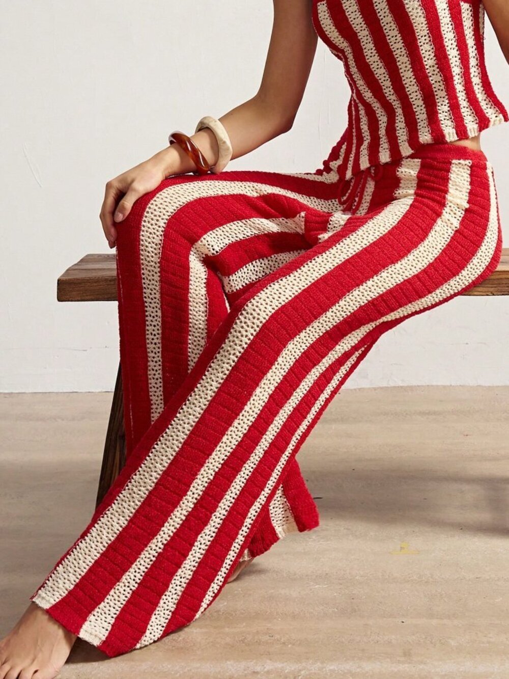 Red Casual Women's Boho Striped Wide Leg Knit Pants